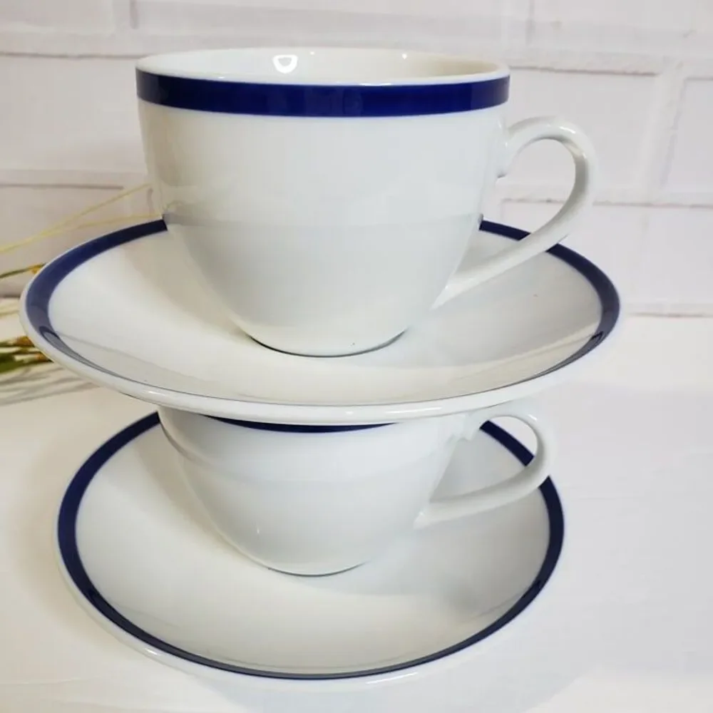 Set of 2 Williams Sonoma Brasserie Blue Trim Flat Coffee Cups & Saucers Japan